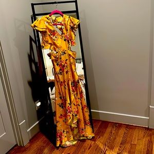 Gorgeous satiny cut out floral dress with high slit wrap skirt